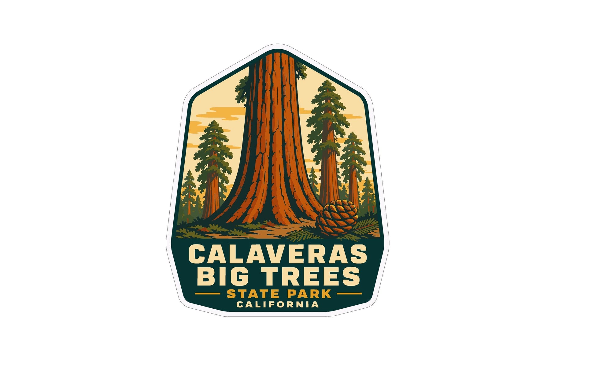 a sticker or emblem with a large tree in the center, surrounded by smaller trees and pine cones. The text "CALVERAS BIG TREES" is prominently displayed, along with "STATE PARK CALIFORNIA" below it.