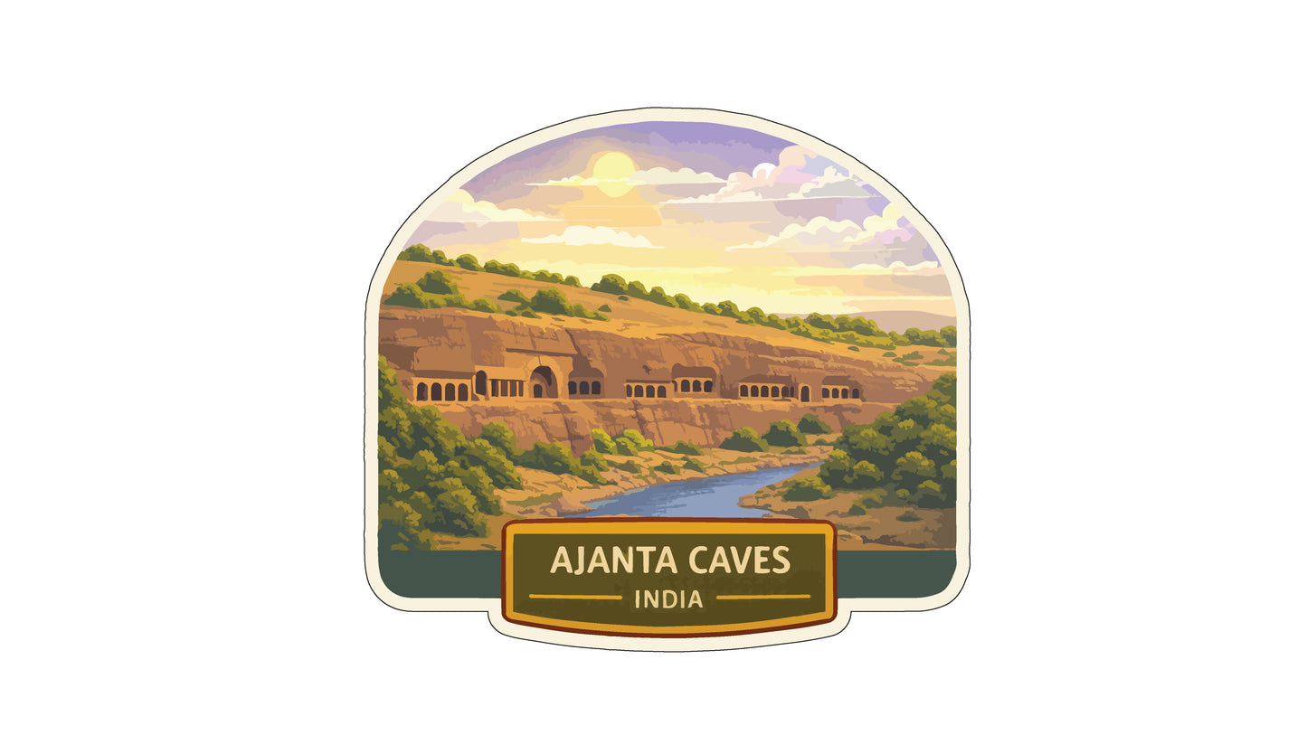 a scenic view of the Ajanta Caves in India, with a river and lush greenery in the foreground and a dramatic cliff face in the background.