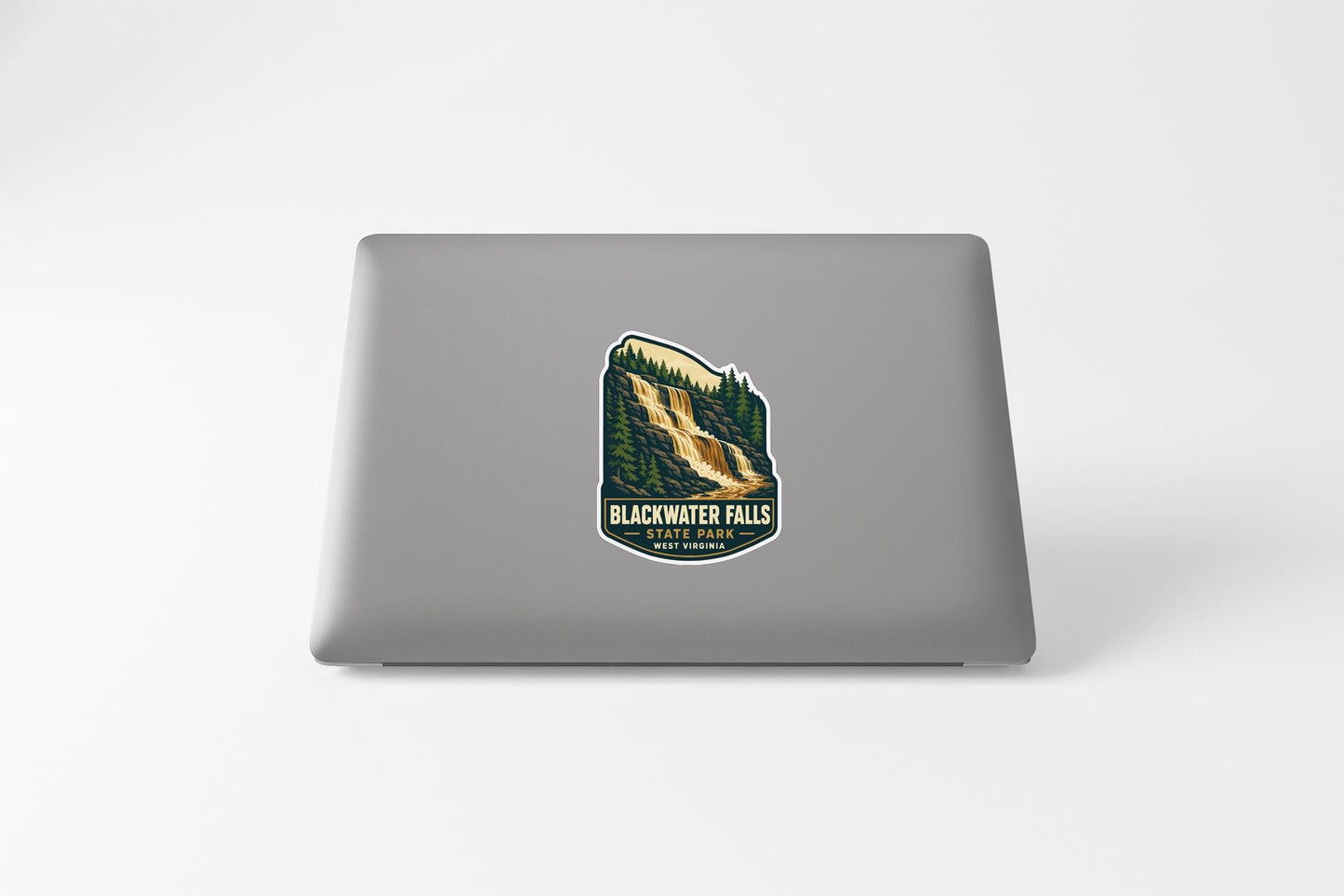 A sticker on the back of a laptop, depicting a waterfall surrounded by trees.