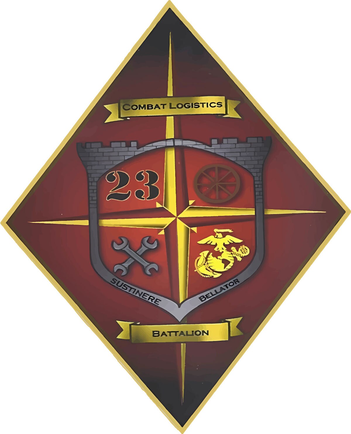 a red and yellow shield with two swords