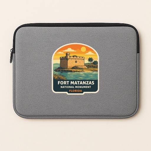 A gray laptop sleeve with a sticker depicting Fort Matanzas National Monument in Florida.