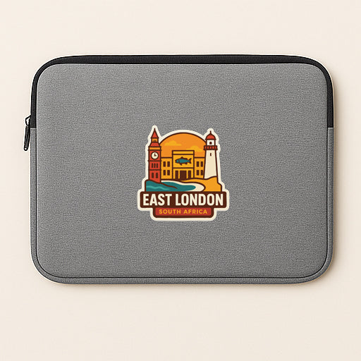 A gray laptop sleeve with a logo depicting a building and a clock, along with the text "EAST LONDON SOUTH AFRICA".