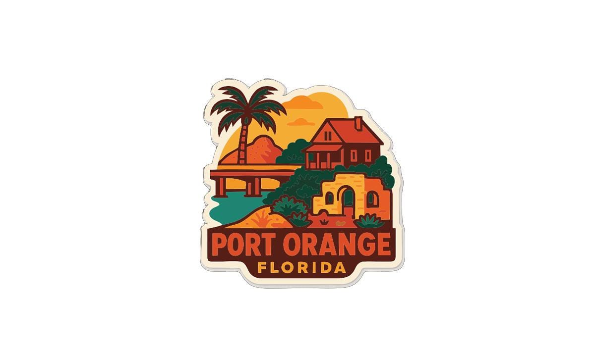 A sticker depicting a tropical scene with a palm tree, a house, and a bridge, with the text "PORT ORANGE FLORIDA" prominently displayed.