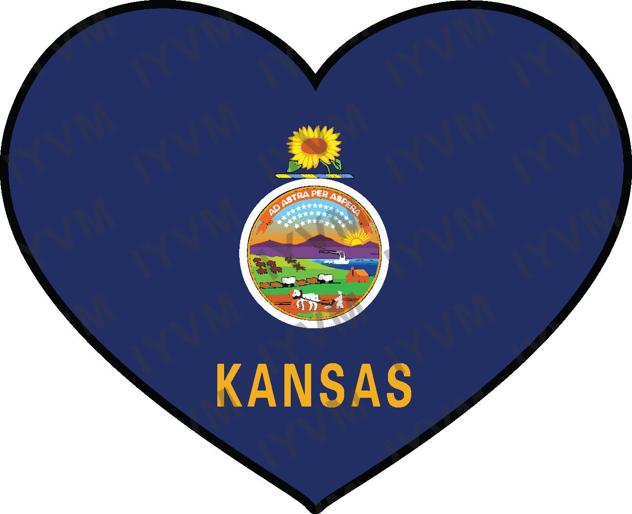 State of Kansas Flag Heart Sticker Decal  USA Kansas State  Topeka  The Sunflower State  America's Heartland  Central State / Dorothy's Home
