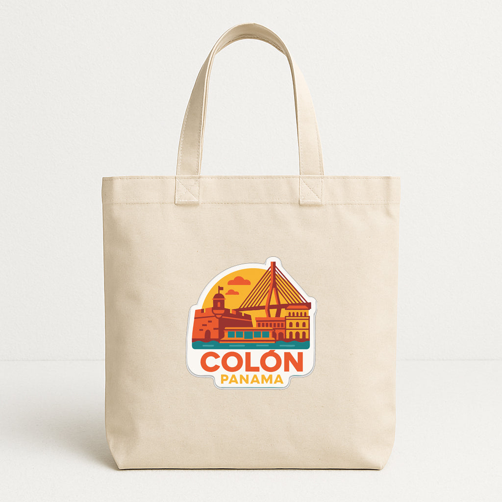 A beige tote bag with a printed design depicting a city skyline and the text "COLON PANAMA" printed on it.
