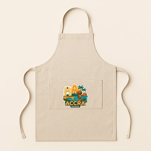 A beige apricot with a graphic design featuring the text "ACCRA CHINA" and a cityscape.