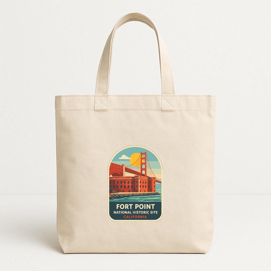 A beige tote bag with a printed design featuring the Fort Point National Historic Site in California.