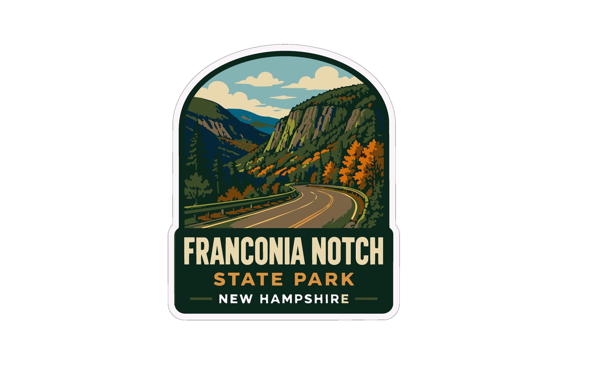 The image is a sticker or label for the Franconia Notch State Park in New Hampshire. It features a scenic mountain landscape with a winding road, trees, and a cloudy sky.