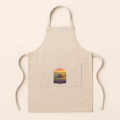 A beige apricot with a small graphic of a house and a sunset on it, set against a plain background.