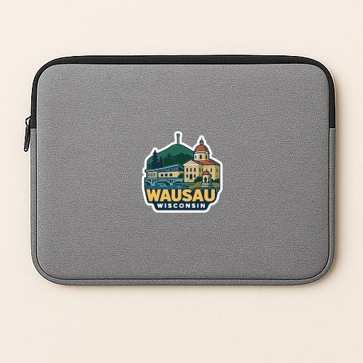 A gray laptop sleeve with a graphic of a building and the text "Wausau Wisconsin" printed on it.
