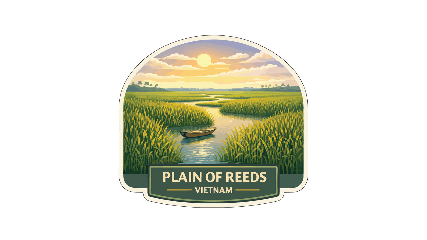 a serene landscape with a river, a boat, and a sunset in the background. The text "PLAIN OF REEDS VIETNAM" is displayed below the image.