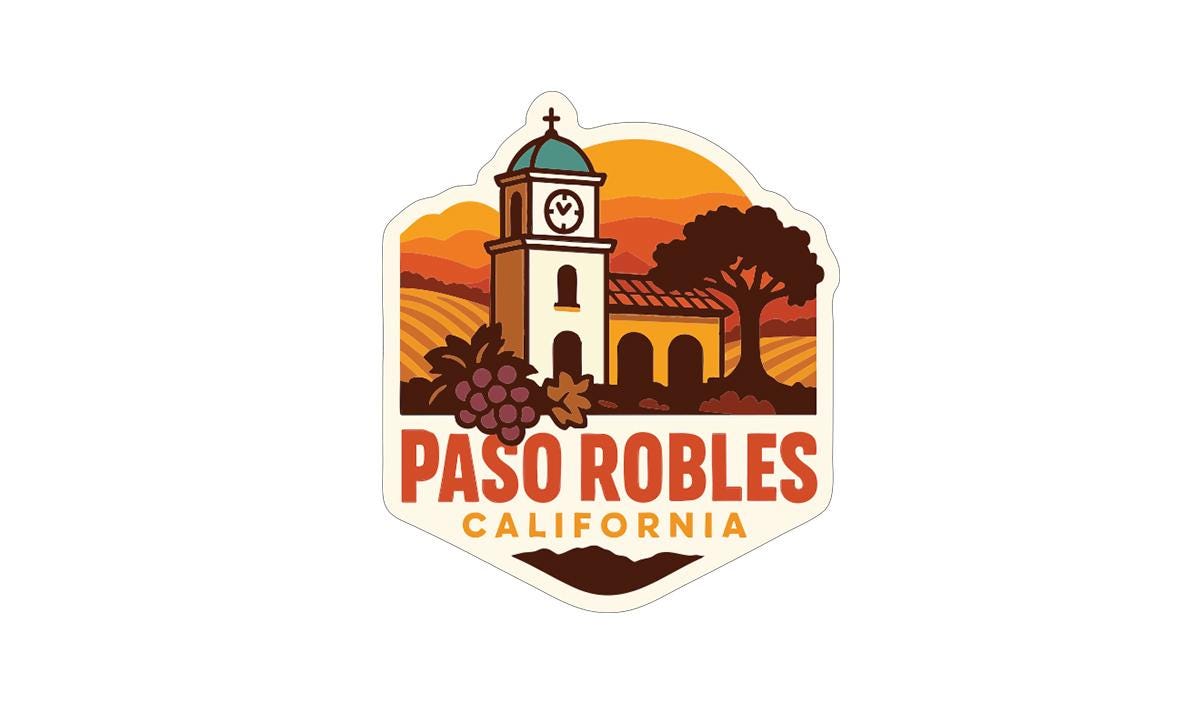 a stylized illustration of a bell tower, a church, and a vineyard, with the text "PASO ROBLES CALIFORNIA" prominently displayed.