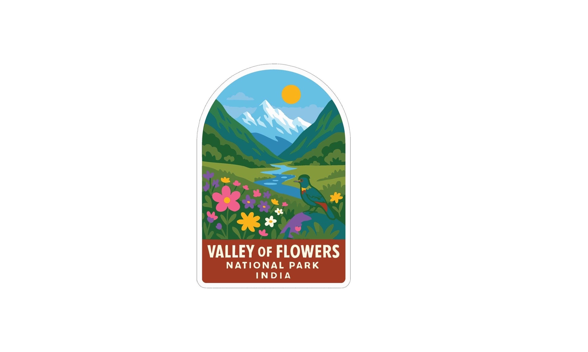 The image is a sticker depicting a valley of flowers, with mountains in the background and a bird in the foreground.