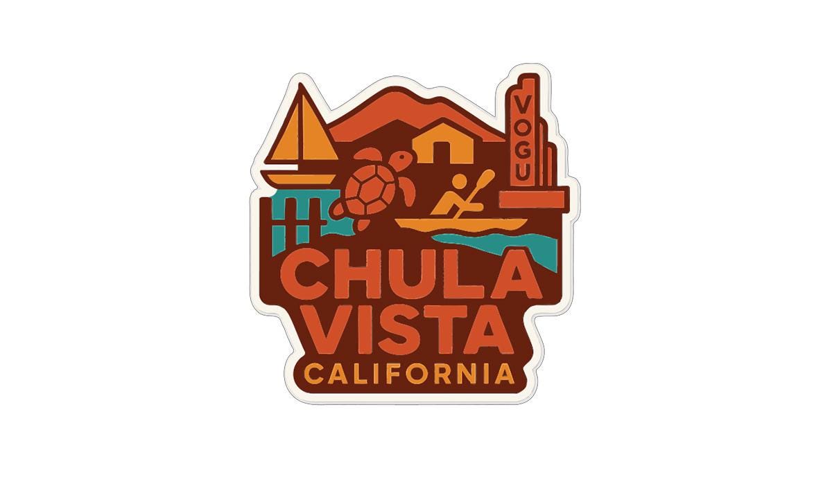 a sticker or logo with various icons and text related to Chula Vista, California.