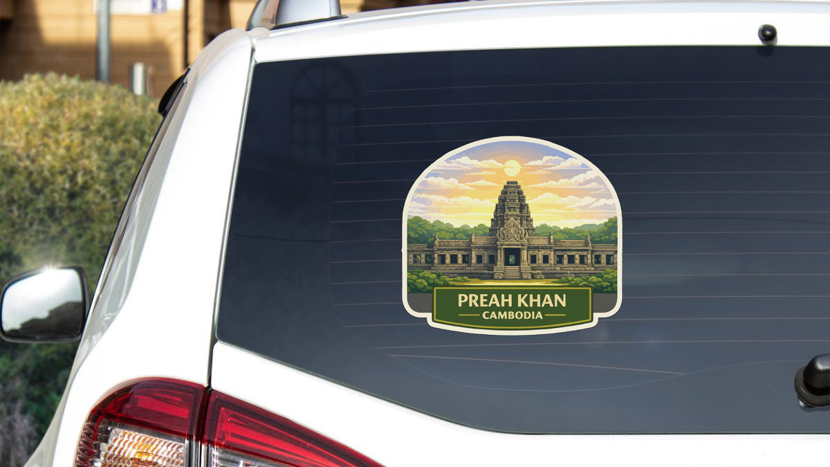 A sticker on the rear window of a car, depicting the temple of Preah Khan in Cambodia.