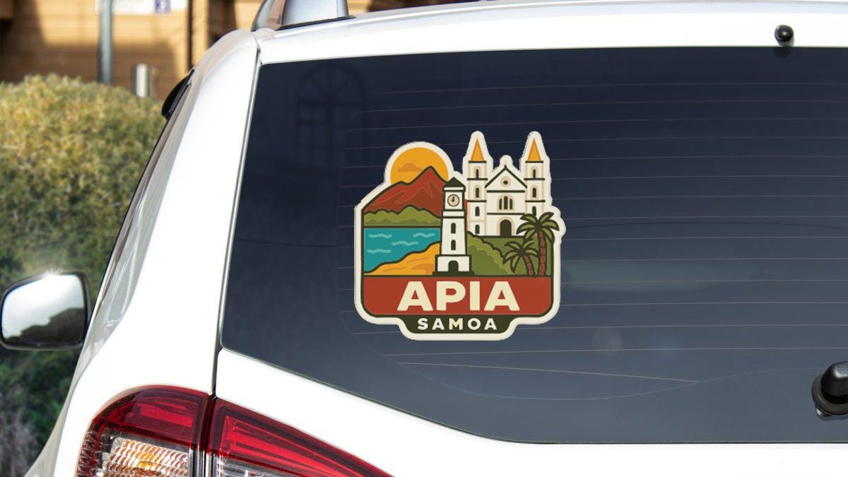 a sticker on the rear window of a car that says "APIA SAMO".