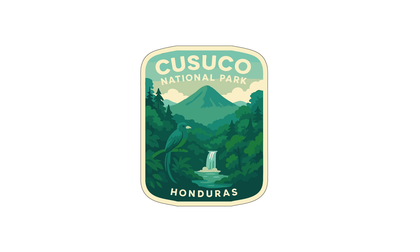 a sticker or label with a mountain landscape and a waterfall, representing the Cusco National Park in Honduras.