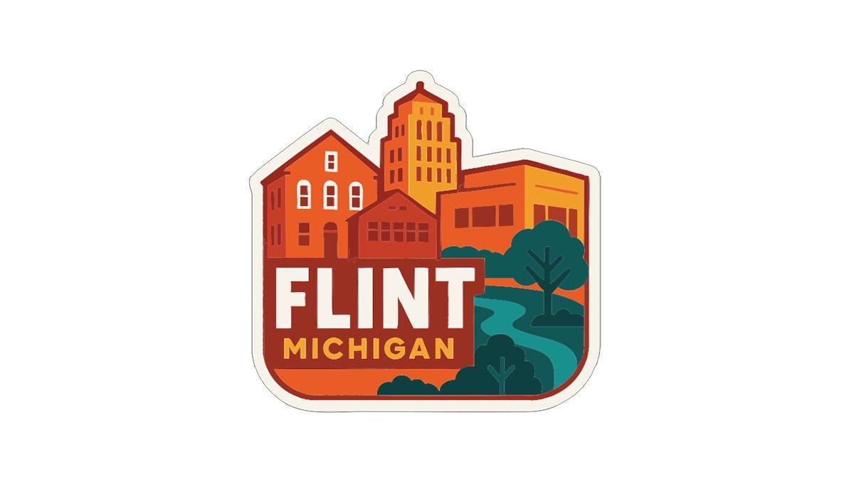 A sticker or logo depicting a cityscape with buildings, trees, and a river, with the text "FLINT MICHIGAN" prominently displayed.