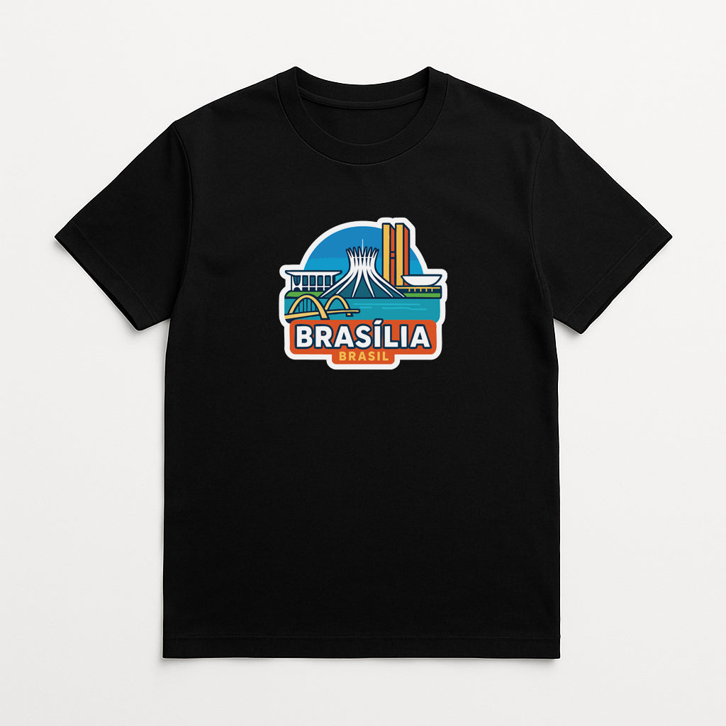 A black t-shirt with a graphic design depicting the city of Brasilia, the capital of Brazil.