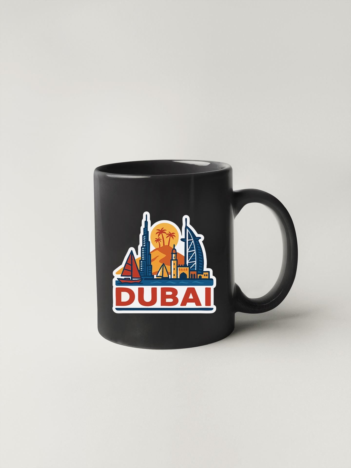 a black mug with a picture of the city of dubai