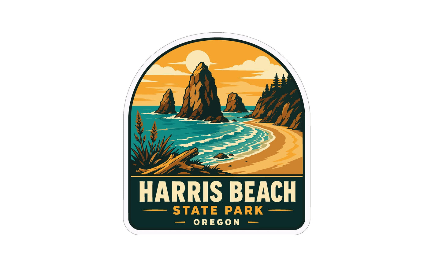A sticker or emblem featuring a scenic landscape with rocky cliffs, a beach, and a body of water, likely representing the Harris Beach State Park in Oregon.