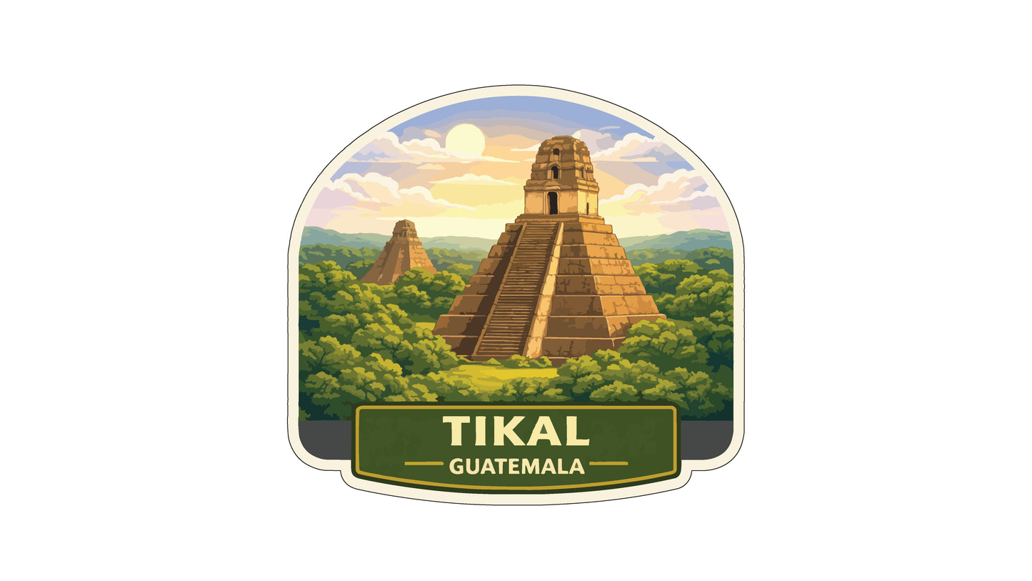 a large, ancient Mayan pyramid surrounded by lush greenery, with a bright sun in the sky. The text "TIKAL GUATEMALA" is displayed below the pyramid.