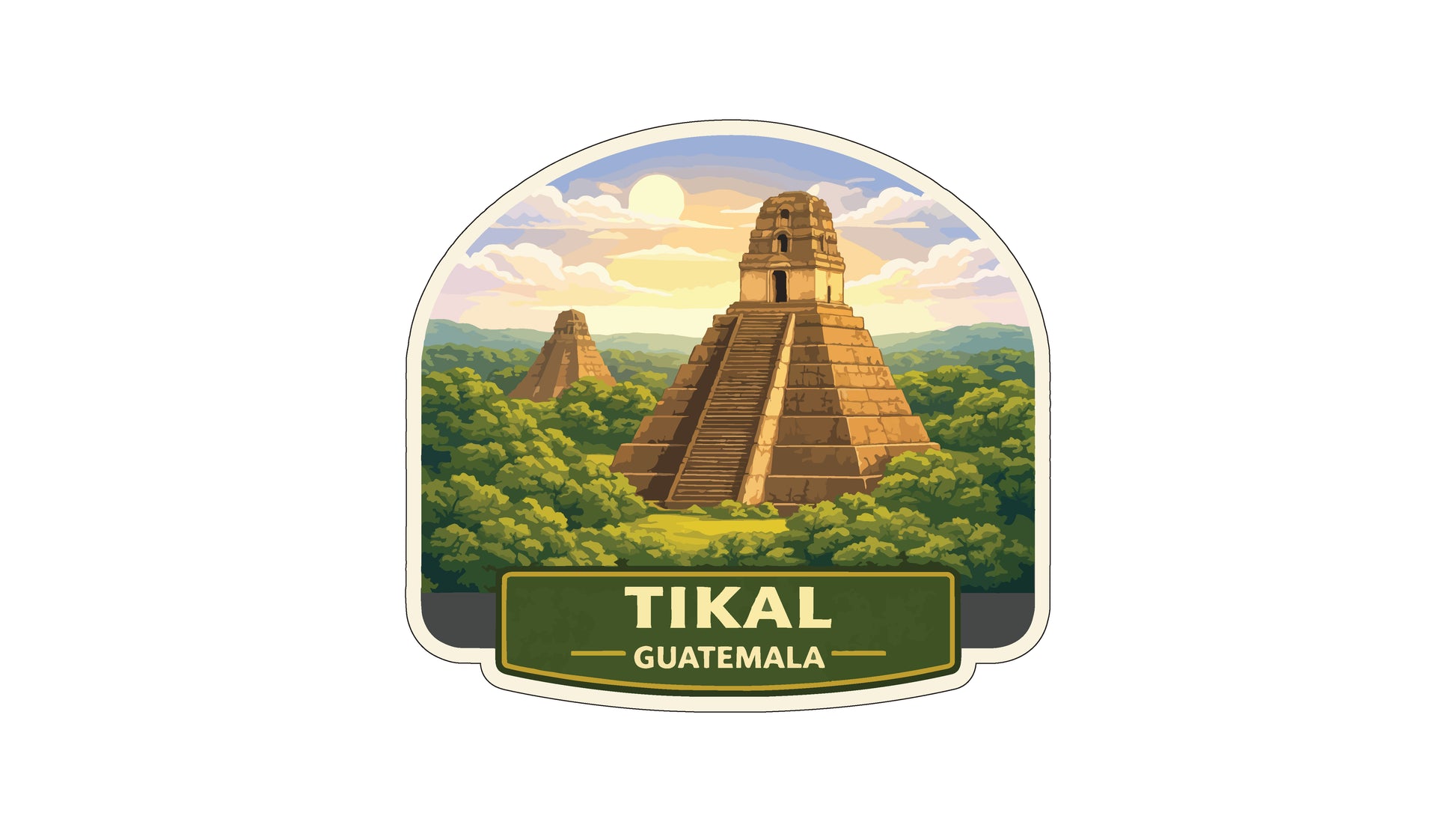 a large, ancient Mayan pyramid surrounded by lush greenery, with a bright sun in the sky. The text "TIKAL GUATEMALA" is displayed below the pyramid.