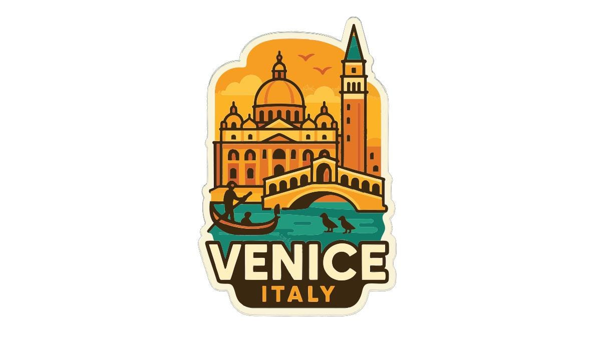 a sticker or illustration of Venice, Italy, showcasing iconic landmarks such as the St. Mark's Basilica, the Rialto Bridge, and the Doge's Palace.