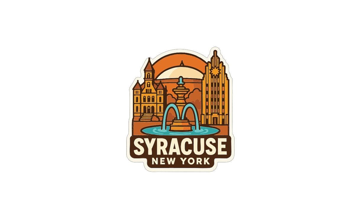A sticker or emblem featuring the skyline of Syracuse, New York, with a fountain in the foreground.
