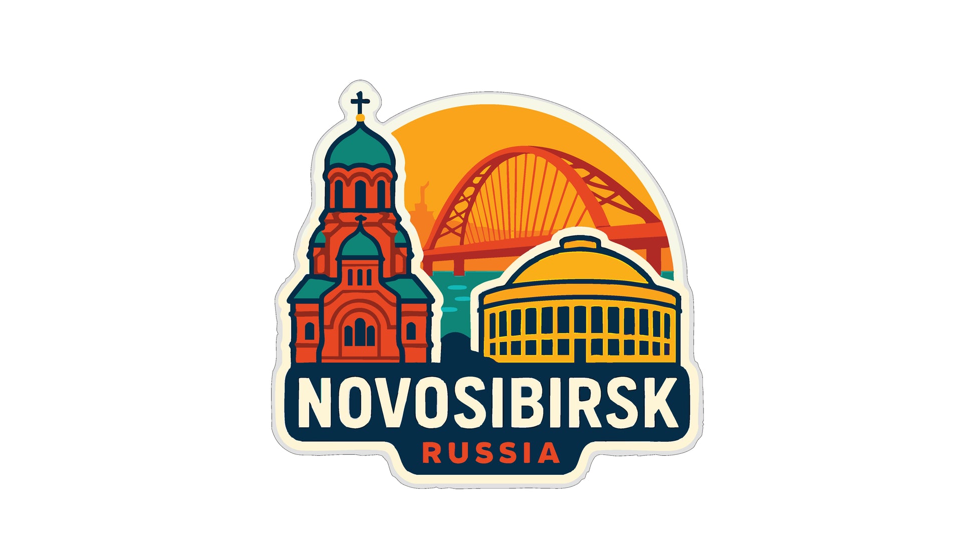 a sticker or emblem with the text "NOVOSIBIRSK RUSSIA" prominently displayed. The sticker includes a stylized illustration of a church, a bridge, and a dome, representing the city of Novosibirsk, Russia.