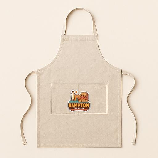 A beige apricot with a graphic of Hampton, Virginia, printed on it.
