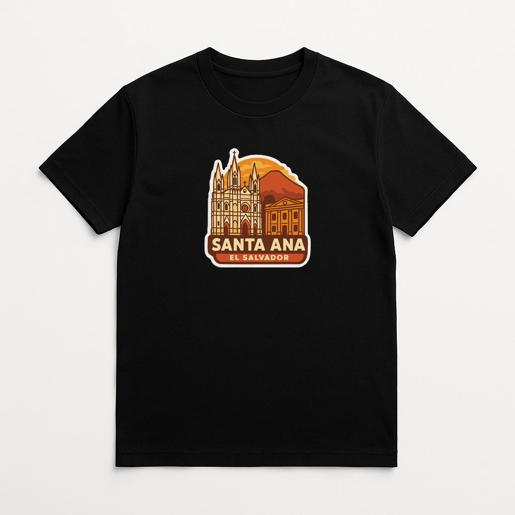 A black t-shirt with a graphic design depicting a building and a mountain, along with the text "SANTA Ana El Salvadoror".