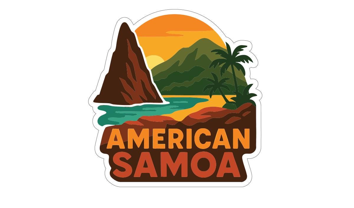 a sticker or logo depicting a tropical landscape with mountains, palm trees, and a sunset. The text "AMERICAN SAMOA" is prominently displayed, indicating the location or theme of the image.