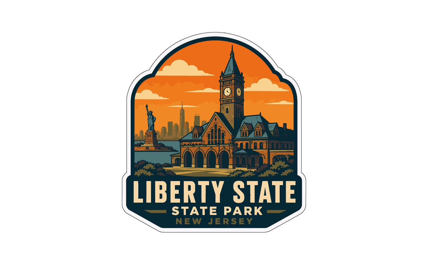 A sticker or emblem featuring the Statue of Liberty and the surrounding architecture, with the text "LIBERTY STATE STATE PARK NEW JERSEY" prominently displayed.