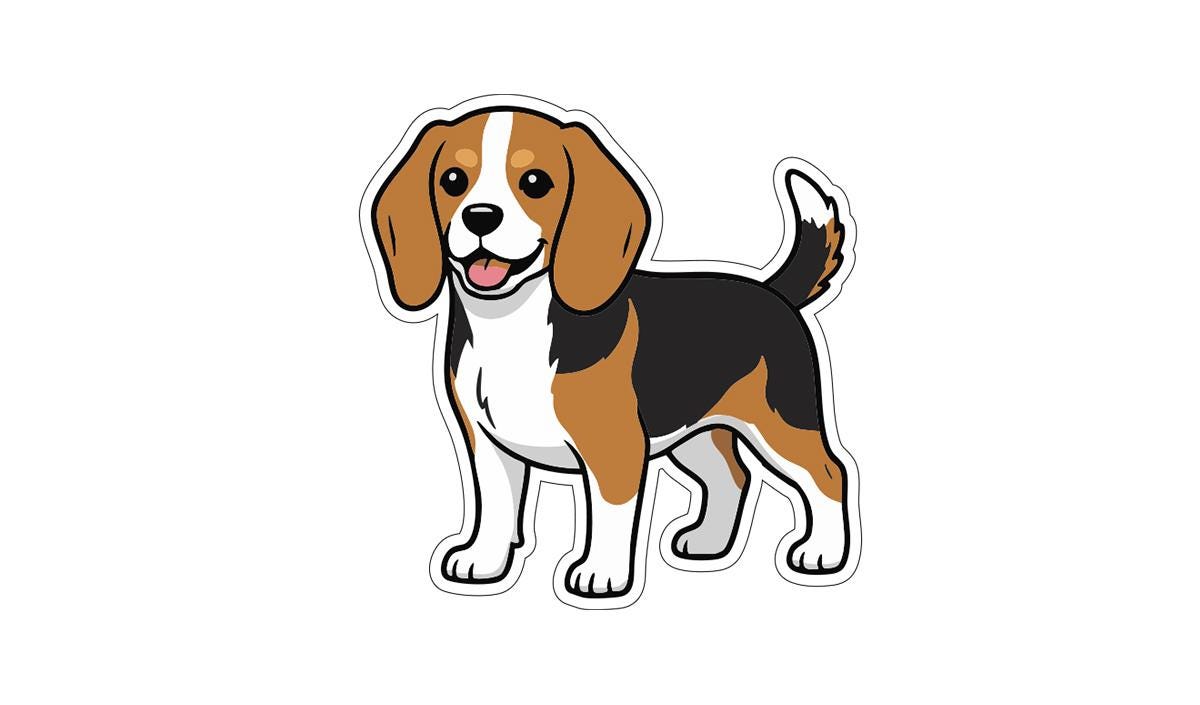 A cartoon illustration of a beagle dog with a friendly expression.