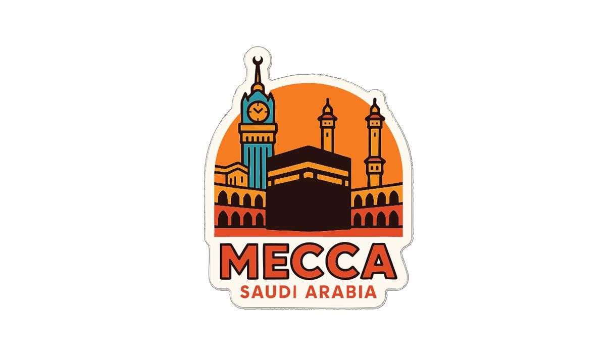 a sticker or logo depicting the Kaaba, the most sacred site in Islam, in Saudi Arabia.