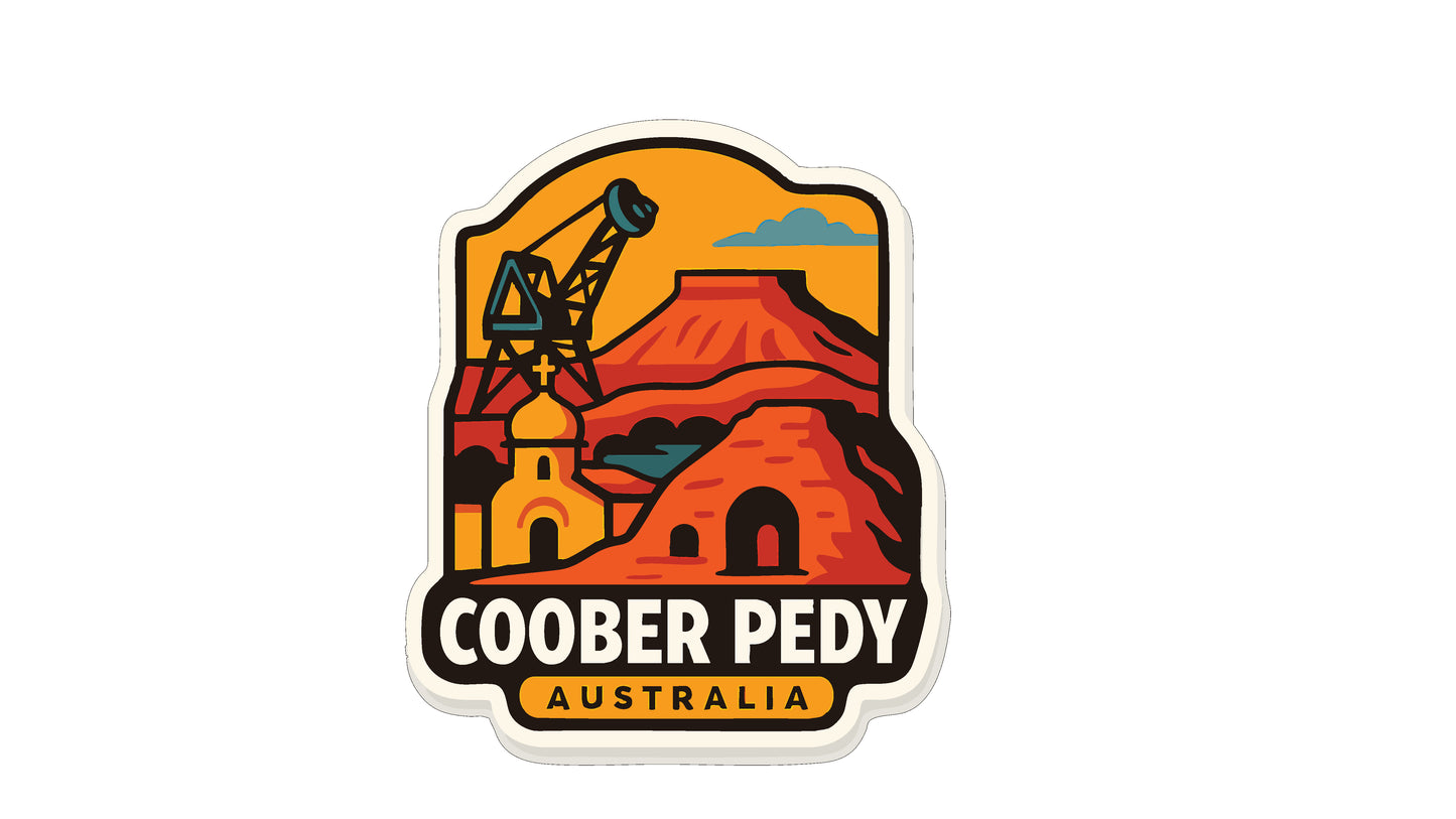 a sticker with a stylized illustration of a desert landscape, including a mountain, a crane, and a building.