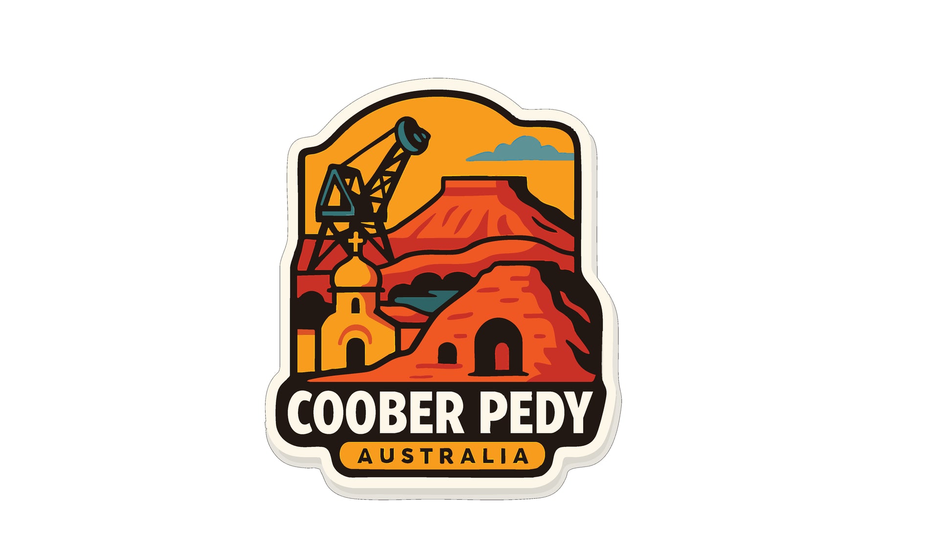 a sticker with a stylized illustration of a desert landscape, including a mountain, a crane, and a building.