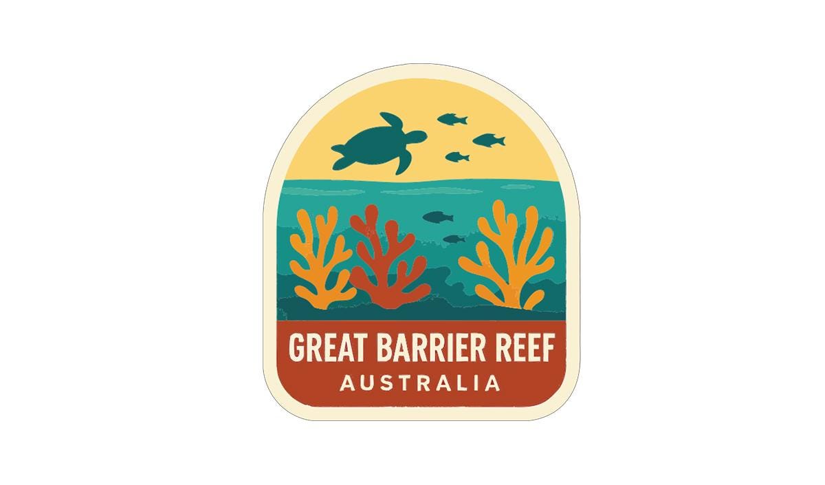a sticker or label with a vibrant illustration of the Great Barrier Reef in Australia. The label includes a turtle, fish, and various marine life, showcasing the diverse ecosystem of the Great Barrier Reef.