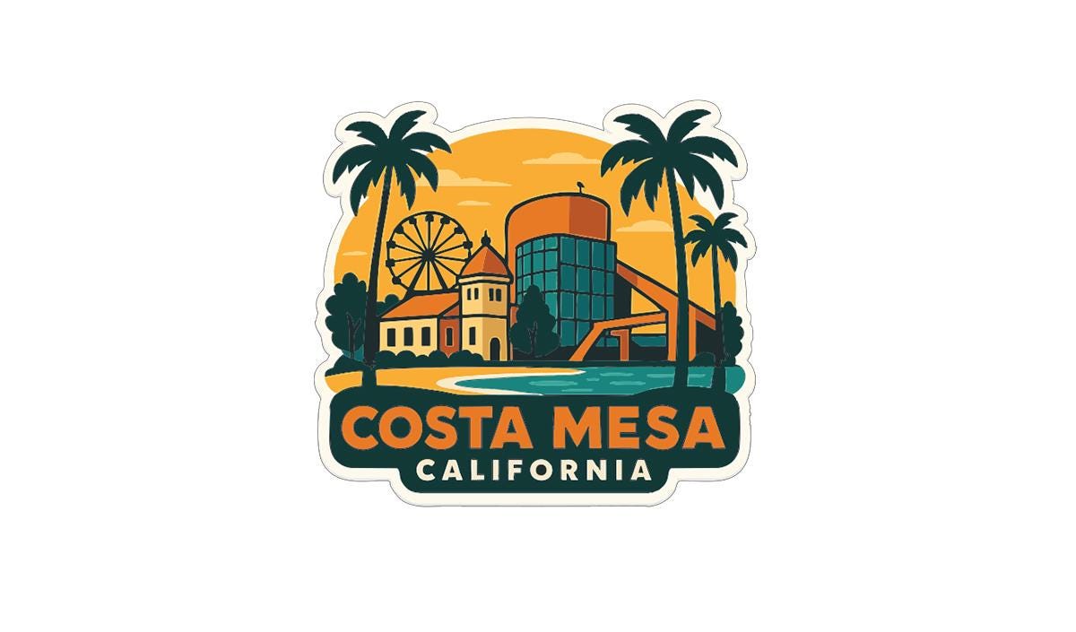 a sticker or logo for Costa Mesa, California. It includes a cityscape with palm trees, a ferris wheel, and a building, all set against an orange and yellow background.
