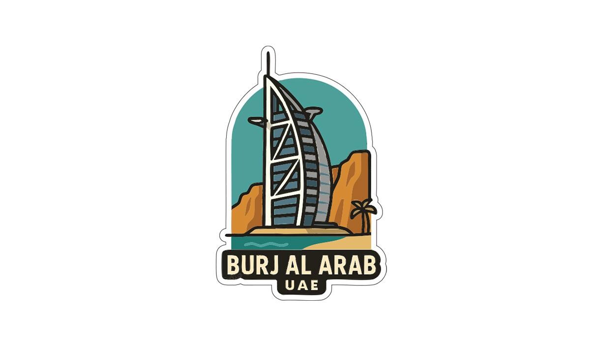 A stylized illustration of the Burj Al Arab hotel in Dubai, United Arab Emirates.