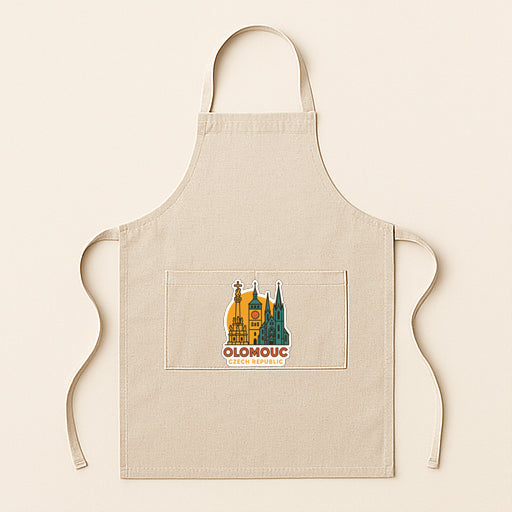 A beige apricot with a graphic of the city of Olomouc, Czech Republic, printed on it.