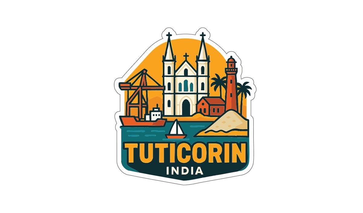a sticker or emblem with various landmarks and icons representing the city of Tutihin, India.