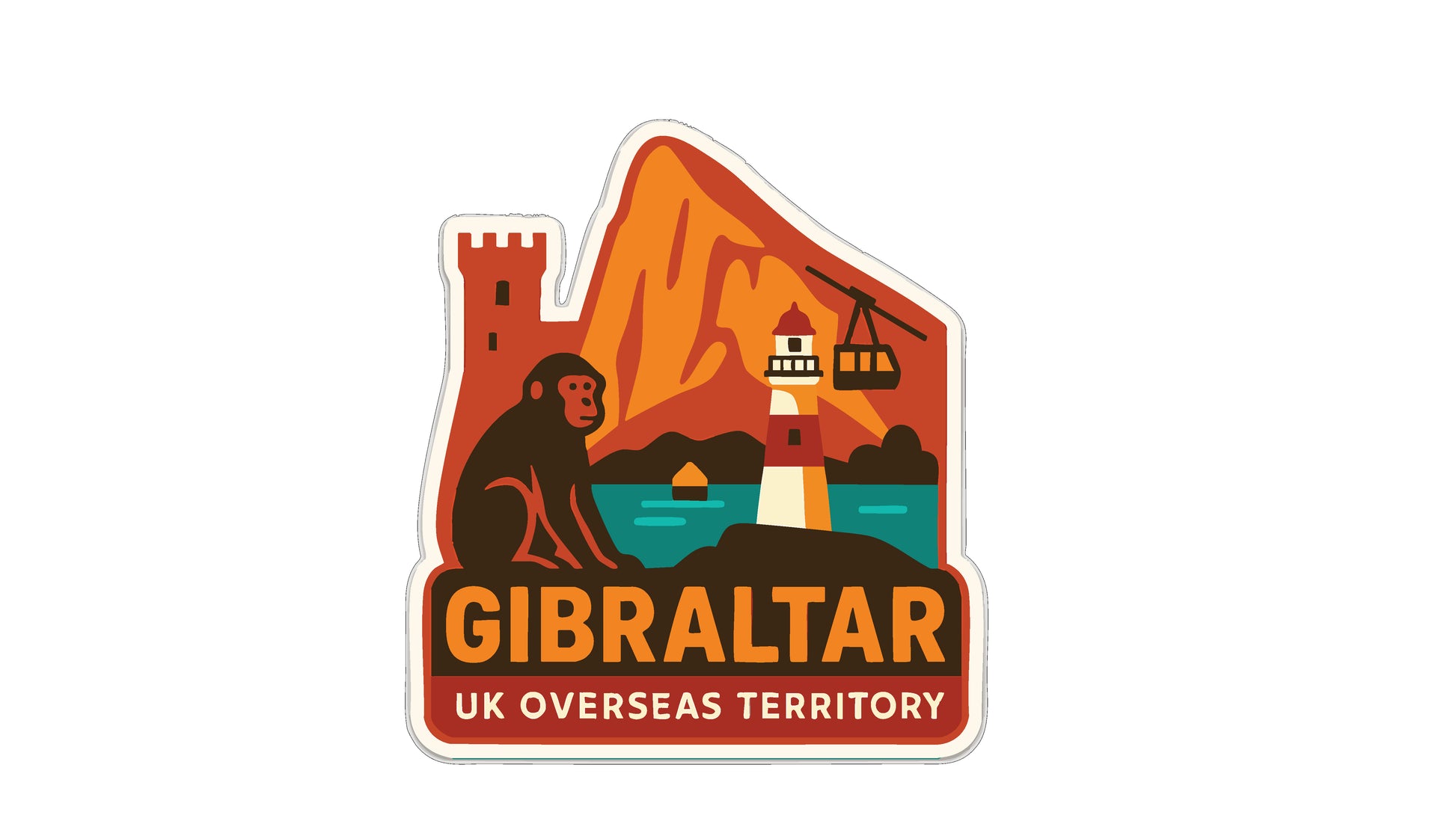 a sticker with a monkey, a lighthouse, and a mountain, along with the text "GIBRALTAR UK OVERSEAS TERRITORY".