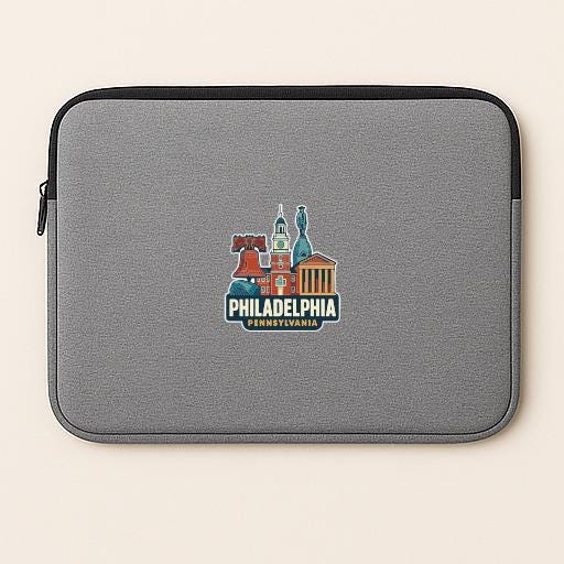 A gray laptop sleeve with a Philadelphia Pennsylvania cityscape sticker printed on it.
