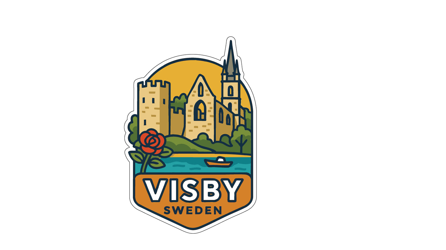 A sticker or emblem featuring a castle, a rose, and a boat, with the text "VISBY SWEDEN" prominently displayed.