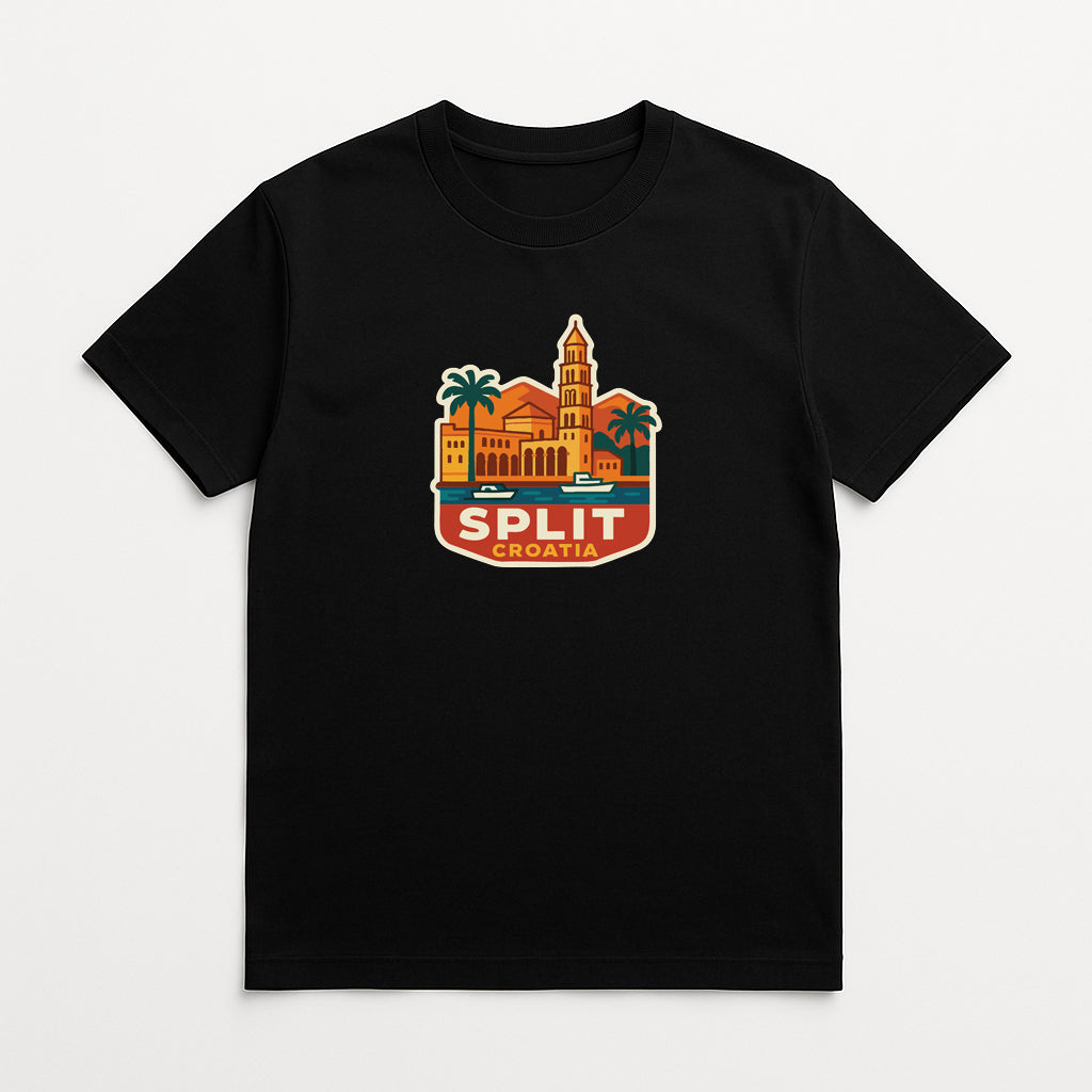 A black t-shirt with a graphic design depicting a cityscape with a tall tower and palm trees, along with the text "SPLIT CROATIA".