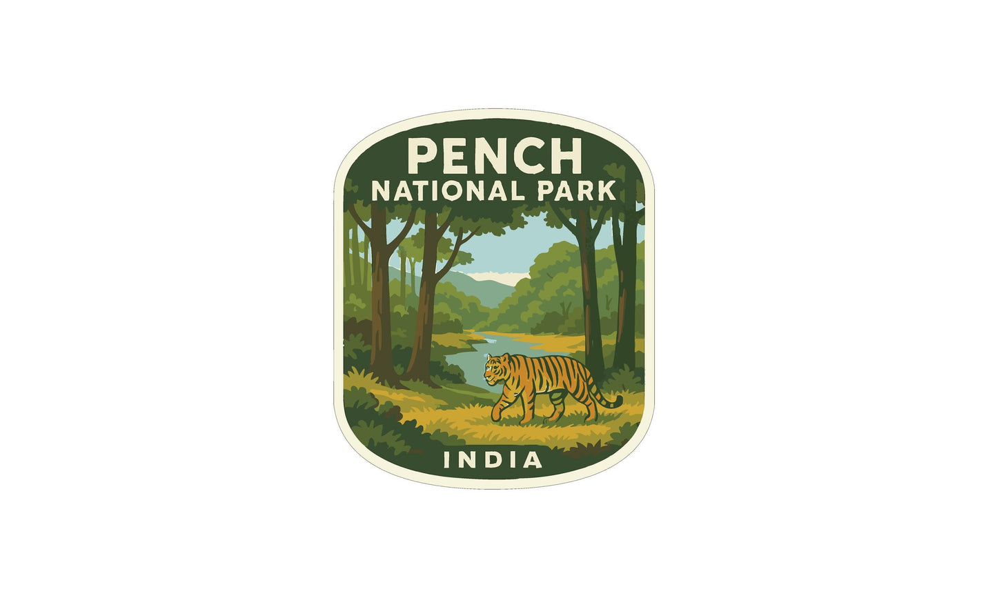 a sticker or emblem with the text "PENCH NATIONAL PARK" and "INDIA" prominently displayed. The sticker also includes a depiction of a tiger walking through a lush, green forest landscape.