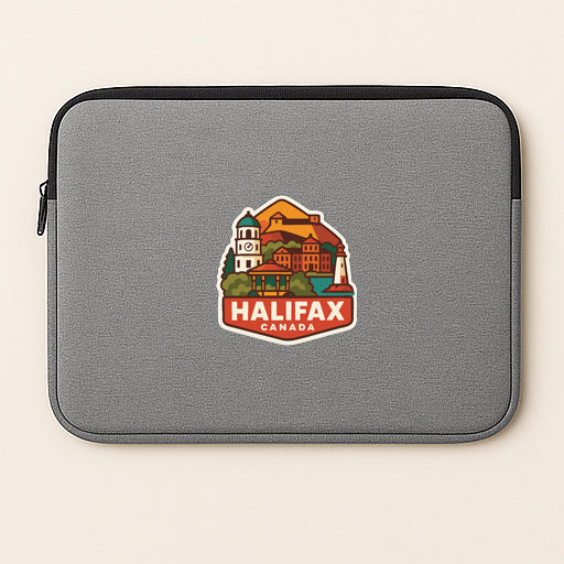 A gray laptop sleeve with a colorful graphic of a cityscape and the text "HALIFAX CANADA" printed on it.