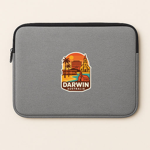 A gray laptop sleeve with a graphic design depicting a cityscape and the text "DARWIN AUSTRALIA".